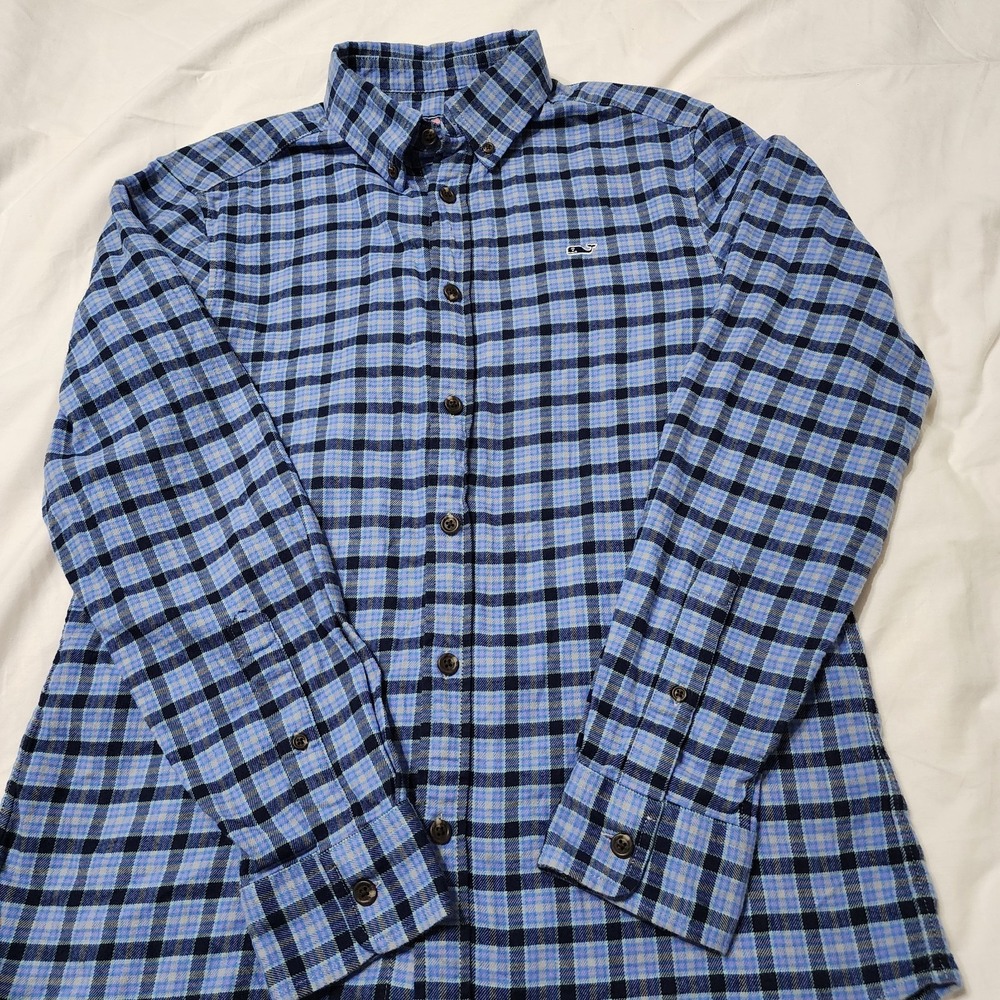 Mens Vineyard Vines Flannel Whale Shirt Small Blue Plaid Button Down Preppy